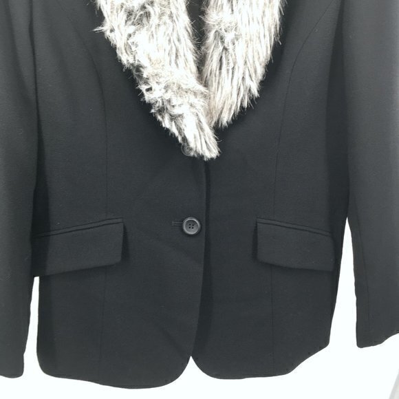 VTG Kasper 100% Wool Removeable Faux Fur Collar Blazer/Light Jacket 12 Black/Tan - Picture 10 of 16